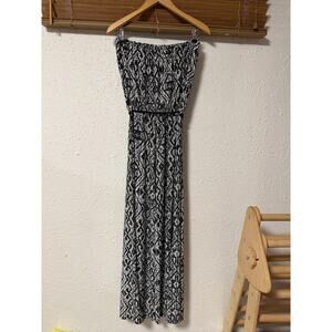 Beach Break strapless long romper with a black and white geometric/tribal print